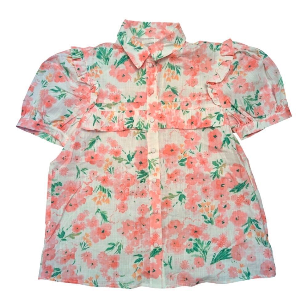 Nwot Floral Watercolor Pink White Button Down Blouse Small Maison Stella